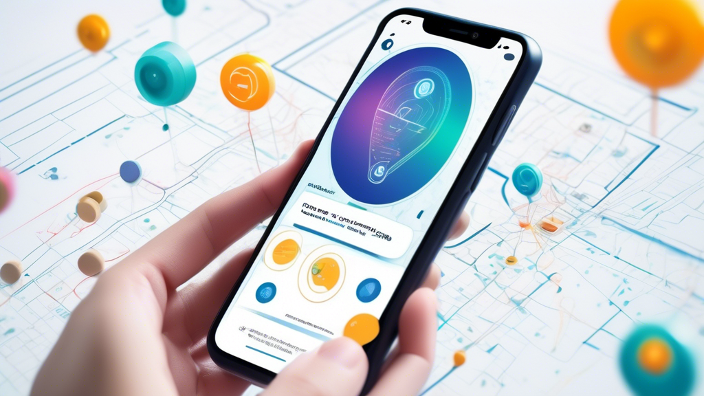 Create an image that depicts a futuristic, user-friendly digital interface on a smartphone screen. The interface features a search bar with the input DOT Physical Near Me Now and a list of results displayed below. The results are marked with colorful pins on a digital map, indicating various nearby locations for DOT physicals. Illustrate icons representing features such as ratings, availability, and certification, with emphasis on an intuitive and modern design. The background includes subtle elements like cityscape outlines and icons symbolizing transportation and healthcare to capture the essence of locating DOT physicals easily through digital resources.