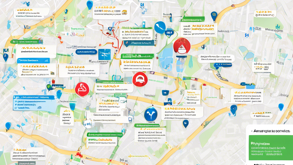 /imagine prompt: A bustling map-like scene with highlighted routes leading to Top-Rated Locations for DOT Physicals. Various pins mark specific clinics and centers, each accompanied by a glowing review rating, symbolizing high satisfaction. The image includes small icons depicting factors like certification badges, experienced examiners, and efficient service symbols. Diverse commercial vehicles, such as trucks and buses, are parked nearby these locations, with drivers happily preparing for their exams. This vibrant and informative illustration captures the essence of easily finding trusted and recommended places for DOT physicals.