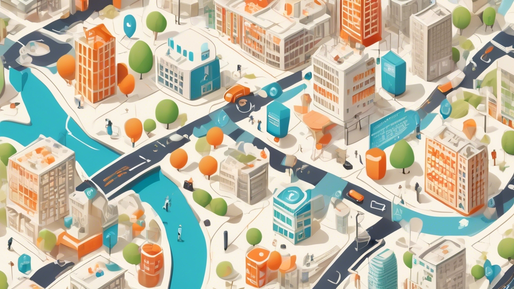 Create an image depicting a digitally illustrated map with pins and icons representing various DOT medical exam locations in a bustling cityscape. Each pin should symbolize factors to consider, such as accessibility, scheduling convenience, and examiner qualifications, with small icons like a clock for scheduling or a diploma for qualifications. The map should be color-coded to indicate different levels of convenience and accessibility, while a diverse group of animated commercial drivers can be seen looking at the map with expressions of relief and understanding.