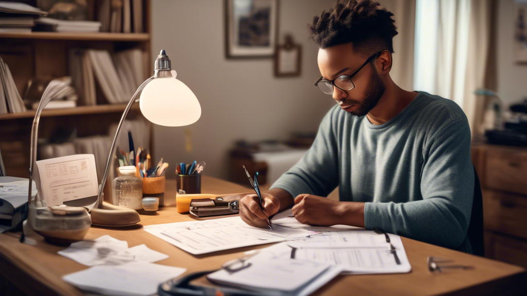 Create an image of a driver sitting at a desk, surrounded by various checklists and medical documents. The setting is a cozy home office with a calm ambiance. The driver is attentively reviewing a list titled Preparing for Your DOT Medical Exam, featuring items like medical history, medication list, and health tips. On the desk, include a small calendar marked with the exam date and a laptop displaying a webpage about DOT exam requirements. The scene should convey a sense of preparedness and organization, with the driver feeling confident and ready for their upcoming exam.