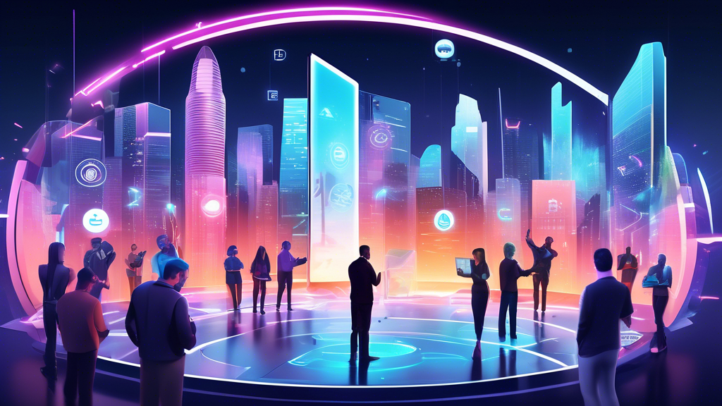 Create an image depicting a futuristic digital landscape, where glowing data broker buildings are being digitally erased by a shield labeled Deleteme by Abine Inc. In the foreground, a diverse group of users look relieved and at peace, surrounded by holographic icons representing increased security and privacy. Include visual elements that symbolize positive testimonials and successful outcomes, such as happy user avatars or thumbs-up symbols. The overall mood of the image should convey a sense of empowerment and protection provided by using Deleteme.