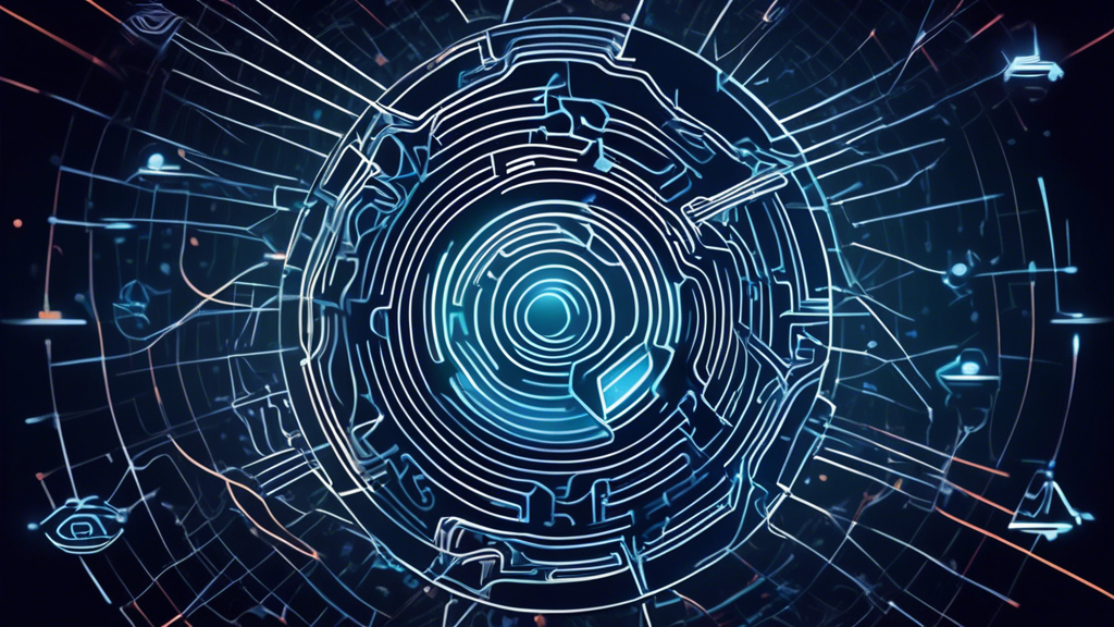 Create an image illustrating the process of Deleteme by Abine Inc enhancing digital security. The scene should depict a labyrinth of interconnected digital lines and nodes, symbolizing the web of online data. In the center, visualize the Deleteme logo as a digital shield, emanating a protective aura. Around the shield, depict dynamic waves representing the continuous support and updates provided by Abine Inc, showcasing how it actively scans and removes personal data from various data brokers. Include subtle visual elements like locks and chains to emphasize security, and floating tips or icons indicating additional online security practices (like strong passwords and secure browsing). Use a color palette of blues and greens to evoke a sense of trust and technology.