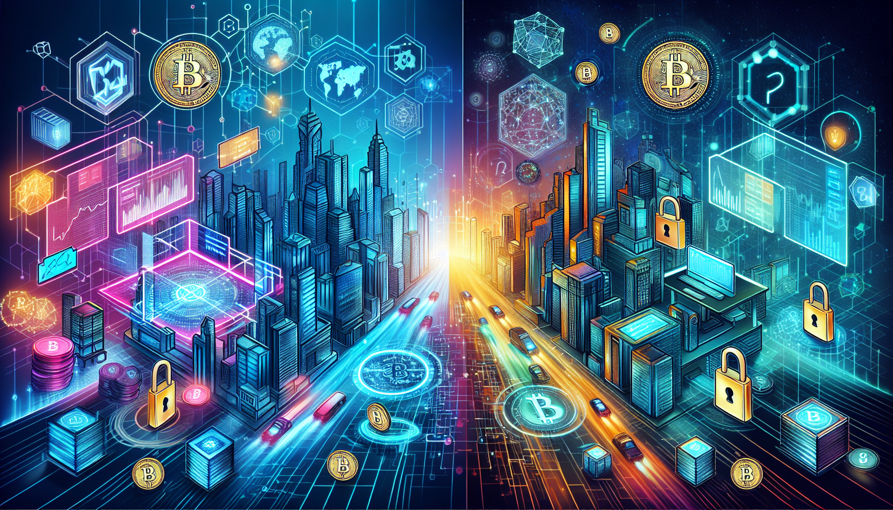 Create an image that visually represents both the advantages and potential risks of digital currency exchange. The left side of the image should depict a vibrant, futuristic cityscape with transactions happening seamlessly through digital screens and holograms, symbolizing the ease and speed of digital currency exchanges. The right side of the image should contrast this with a more shadowy scene where digital assets are being protected by security shields and locks, conveying the potential risks and necessary precautions. Ensure the imagery includes symbols like bitcoins, graphs, and padlocks, portraying both the benefits and the need for caution in digital currency exchanges.