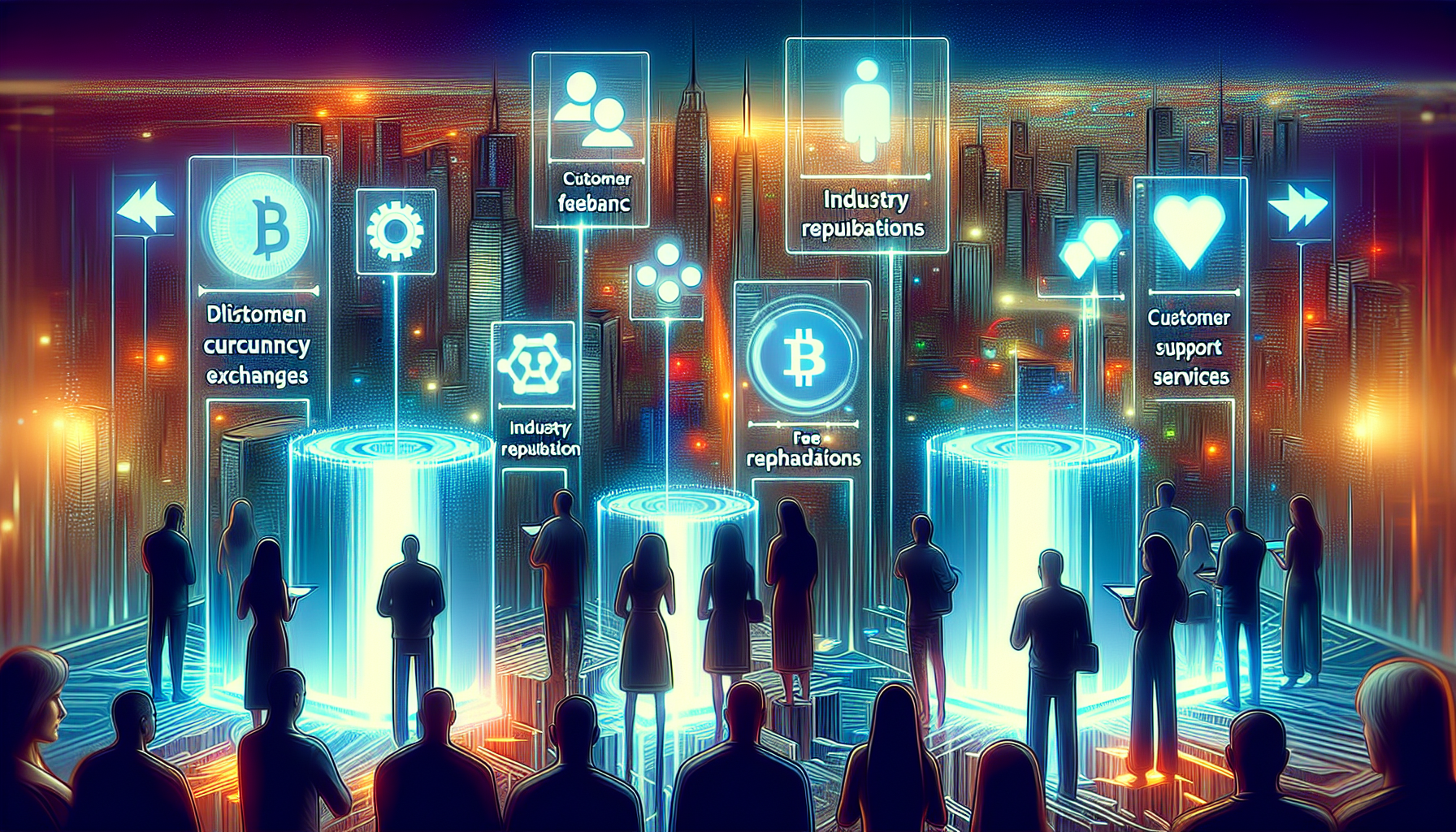 Prompt: Create an image depicting a futuristic digital marketplace where people are evaluating different platforms for digital currency exchange. The foreground features holographic displays showcasing key factors such as customer reviews, industry reputation, fee comparisons, and support services. In the background, a cityscape bustling with digital activity represents the vastness and potential of digital currency exchanges. Include diverse individuals, all with thoughtful expressions, as they interact with these holographic interfaces, symbolizing the careful consideration involved in choosing a reliable exchange platform. The scene should convey a sense of security and advanced technology.