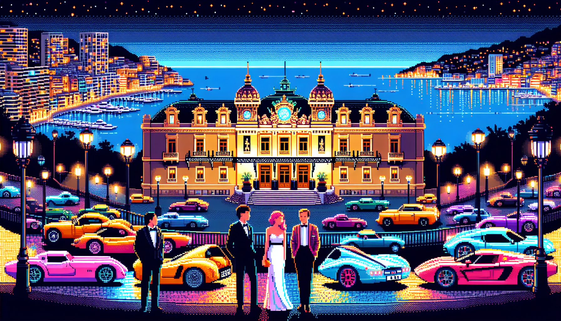 Create an image that captures the essence of European elegance in top casino venues, featuring the iconic Casino de Monte-Carlo in Monaco. The scene should showcase the glamorous architecture of the casino, set against the backdrop of the glistening Mediterranean Sea. Include hints of the luxurious lifestyle with classic cars parked outside, elegantly dressed patrons, and vibrant night life. Additionally, incorporate elements from other notable European casinos such as London