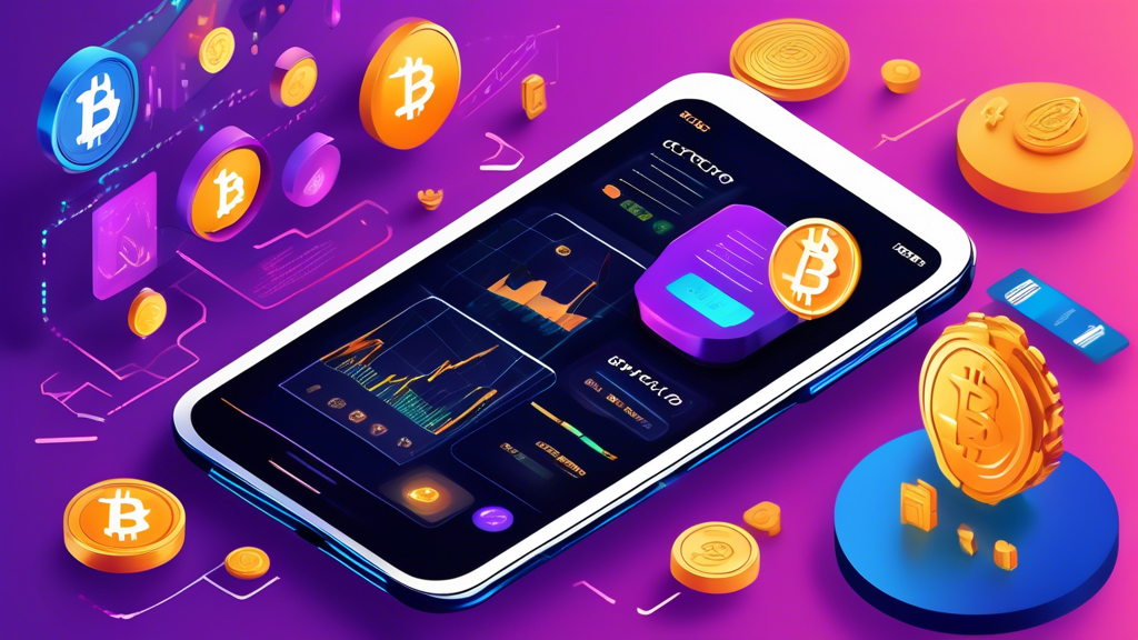 Create an informative and visually engaging image that illustrates tips for maximizing an investment experience with crypto buying apps. Include elements such as a smartphone displaying a crypto app interface, symbols of cryptocurrencies like Bitcoin and Ethereum, and graphics representing best practices such as security locks, analytics charts, and market trend indicators. The background should evoke a sense of digital finance, blending technology with investment strategies.