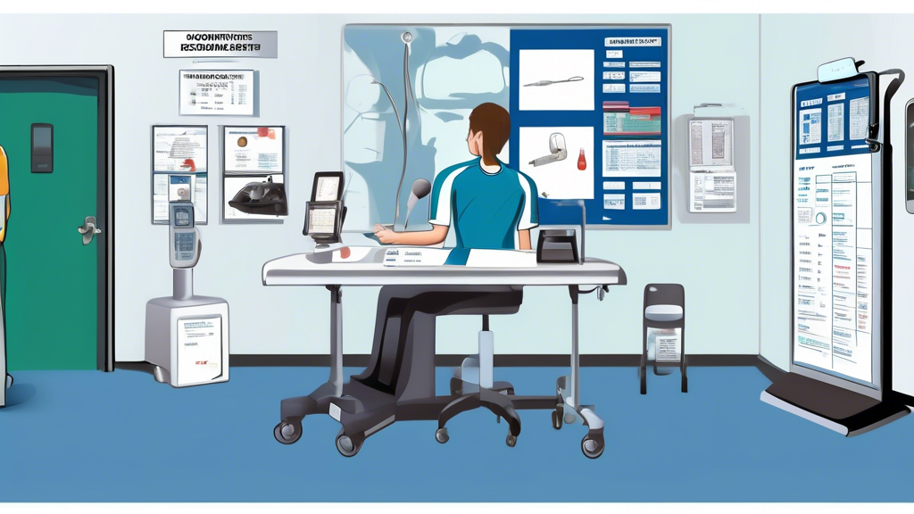 Create an image depicting a detailed scene of a CDL (Commercial Driver’s License) medical examination room. Illustrate various components and tests involved in the examination: an eye chart for vision testing, a digital blood pressure monitor, an audiometer for hearing tests, and fitness equipment to assess physical stamina. Include a professional healthcare provider conducting the exam, and a driver undergoing the tests. The room should be well-lit and organized, reflecting a clinical and professional setting. Highlight the tools and equipment used during the CDL medical examination to convey a sense of thorough assessment and care.