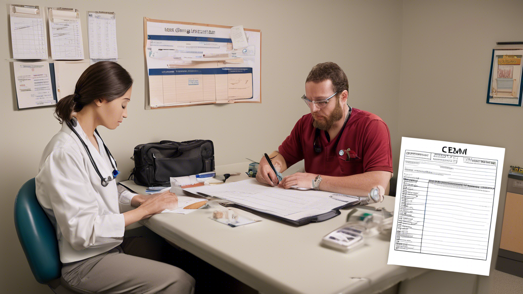 Create an image illustrating a person preparing for their CDL medical examination. The scene shows a driver organizing necessary documentation and paperwork on a desk, with checklists and medical forms visible. Surrounding them are visual cues for maintaining health standards, such as a balanced diet chart, exercise gear, and a stethoscope indicating attention to health. A calendar on the wall highlights the exam date circled to emphasize preparation. The setting conveys a proactive and organized approach to ensuring success in their upcoming medical examination for a CDL.