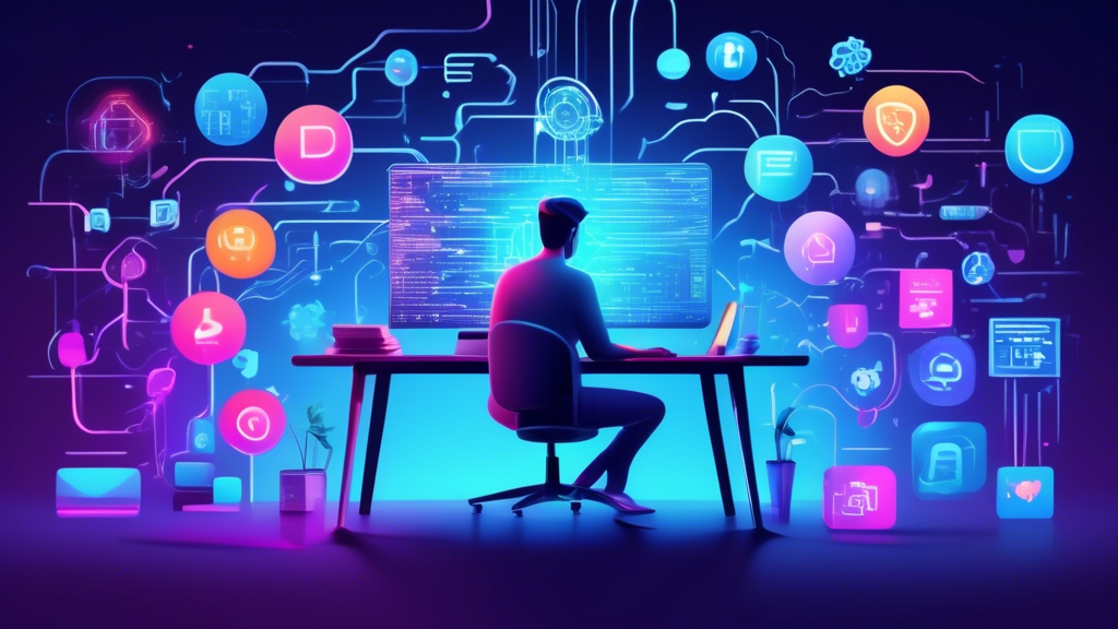 Create an image that visually represents the concept of protecting and managing your digital footprint privacy through effective strategies. The scene features a person sitting at a computer desk surrounded by vibrant digital elements, such as network icons, code snippets, and lock symbols. The person is confidently interacting with a holographic interface that displays strong password indicators, two-factor authentication alerts, and privacy setting toggles. Around the person, ethereal representations of secure practices like a transparent shield and a digital broom symbolize digital hygiene, while a giant metaphorical footprint hovers in the background as a reminder of what