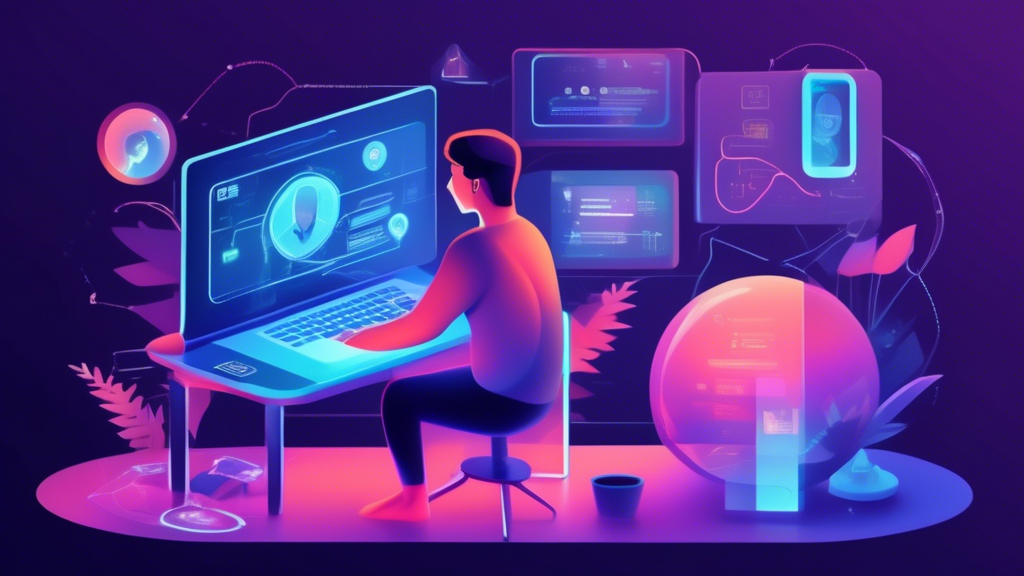 Prompt: Create an image that visually represents the tools and technologies used to enhance digital footprint privacy. The scene should feature a person using a laptop in a cozy home setting, with visible elements like a VPN interface on the screen, a secure browser, and a privacy-focused search engine. In the background, incorporate subtle, futuristic elements like holographic icons symbolizing emerging privacy technologies and trends. The atmosphere should convey a sense of security and empowerment, illustrating how these digital tools protect the user