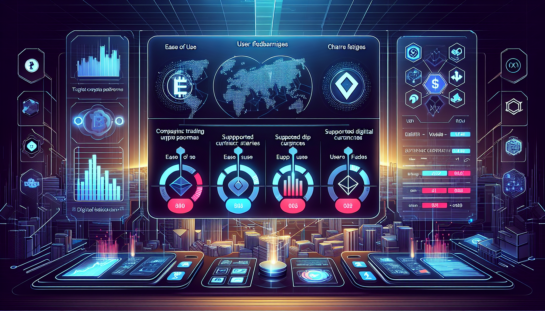 Create an illustration that showcases a futuristic user interface for a crypto trading app in 2023. The screen should display various sections of the app, including a detailed comparison chart of top trading platforms with columns for ease of use, fees, supported cryptocurrencies, and unique features. Incorporate user feedback ratings for each platform. The background should convey a high-tech, modern setting, with digital motifs suggesting connectivity and innovation. The image should communicate the essence of helping users choose the best app tailored to their trading goals and skill levels.