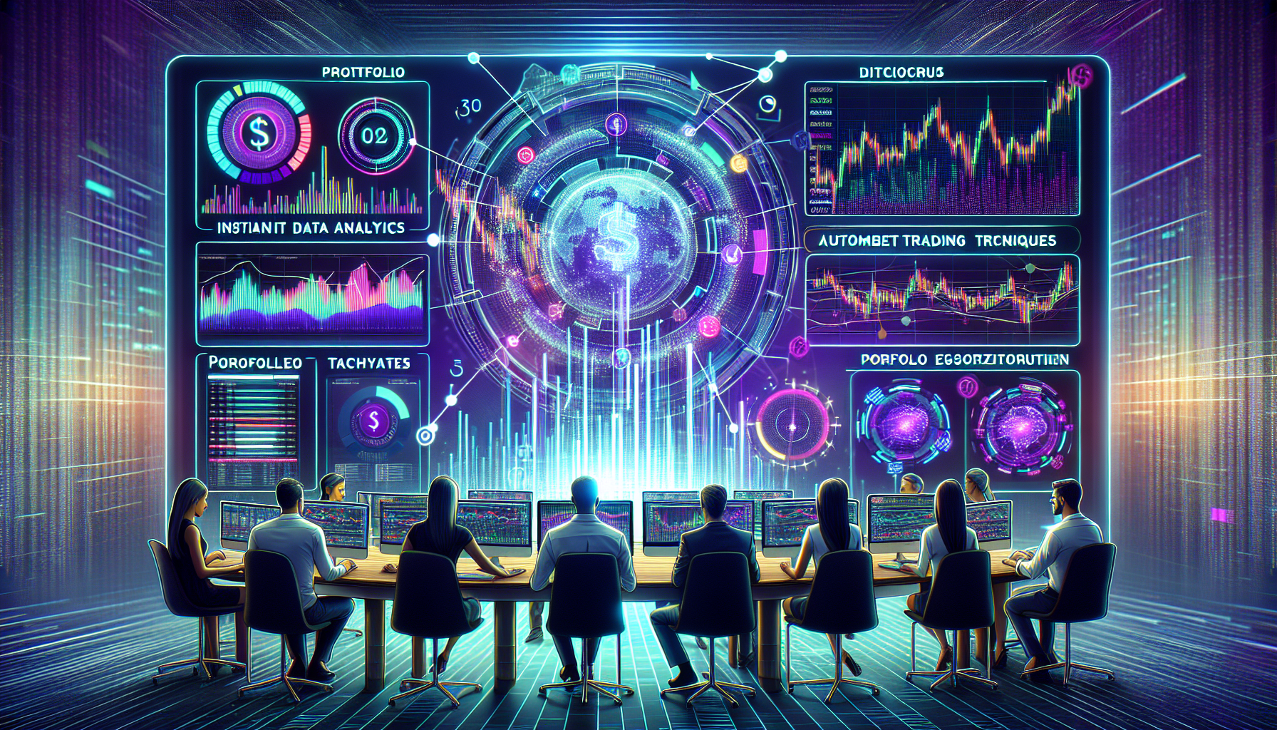 Create an image that visualizes the idea of maximizing success in cryptocurrency trading using a cutting-edge app. The scene features a dynamic digital interface that showcases a diverse portfolio with real-time data analytics, automated trading algorithms, and portfolio management tools. On the screen, various graphs and charts indicate market trends, and vibrant alerts and notifications pop up to suggest timely trading opportunities. Around the digital interface, a diverse group of traders of different skill levels are engaged, confidently using the app. The background depicts a futuristic setting that symbolizes innovation and advanced technology in the world of cryptocurrency trading.