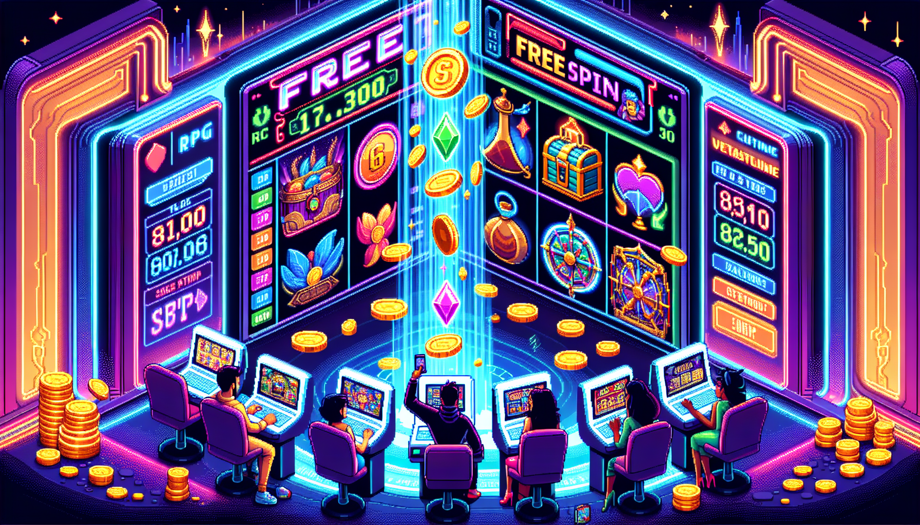 Create a digital illustration of a vibrant and dynamic online casino platform, showcasing a variety of free slots with captivating bonus features and free spins. Focus on a central scene of an adventurous treasure hunt theme, where colorful slot machine reels display an array of symbols like treasure chests, gold coins, and free spin icons. Include a diverse group of characters excitedly exploring the virtual casino, using laptops and tablets, with holographic displays highlighting RTP percentages and game volatility ratings. Emphasize the thrill of discovering high-quality games with a glowing aura, symbolizing the reputation of top online casinos. Use a vivid color palette and a modern, futuristic design to capture the essence of the digital gaming experience.