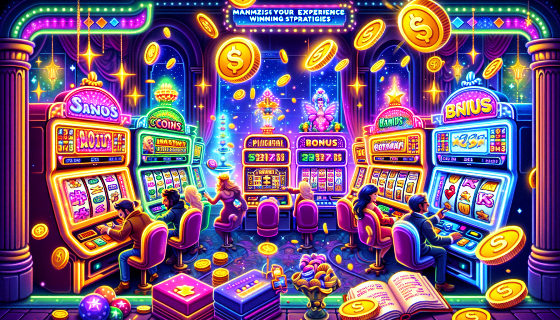 Create an imaginative scene featuring a whimsical casino setting filled with vibrant, glowing slot machines. Each machine has animated symbols of coins and free spin icons floating in the air. Show players of diverse backgrounds, joyfully engaging with the machines, while golden coins and illustrated BONUS banners rain down gently from above. In the foreground, depict a guidebook titled Maximizing Your Experience: Winning Strategies, magically flipping its pages to reveal tips like responsible gaming and realistic goal-setting. The ambiance reflects a blend of excitement and wisdom, emphasizing the balance between fun and strategy in the world of free slots with bonuses and free spins.