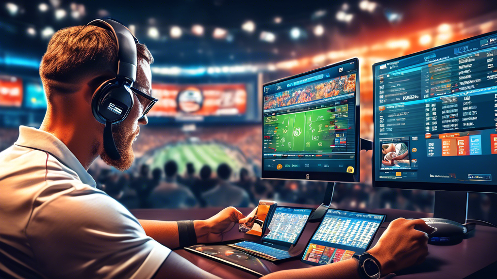 Create an illustration that depicts a dynamic scene of a sports betting enthusiast in front of multiple screens, analyzing stats and trends to maximize winnings with Fox Sports Bets. Include visual elements representing different betting strategies like odds charts, live data updates, and promotions. The background should show a vibrant sports environment, possibly featuring a stadium, cheering fans, and representative sports equipment like footballs, basketballs, and soccer balls. The overall atmosphere should convey excitement and strategic thinking in the world of sports betting.