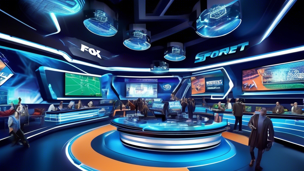 **DALL-E Prompt:** Create a futuristic digital artwork depicting a high-tech sports betting environment for Fox Sports Bets. Showcase advanced technologies like augmented reality interfaces displaying live betting options, interactive screens with real-time odds updates, and a diverse group of users engaging with the platform on various devices. Include elements such as a vibrant sports stadium in the background, holographic graphics illustrating upcoming betting trends, and visual representations of data analytics to emphasize innovation in sports betting. Make sure to incorporate the Fox Sports Bets logo subtly in the design.