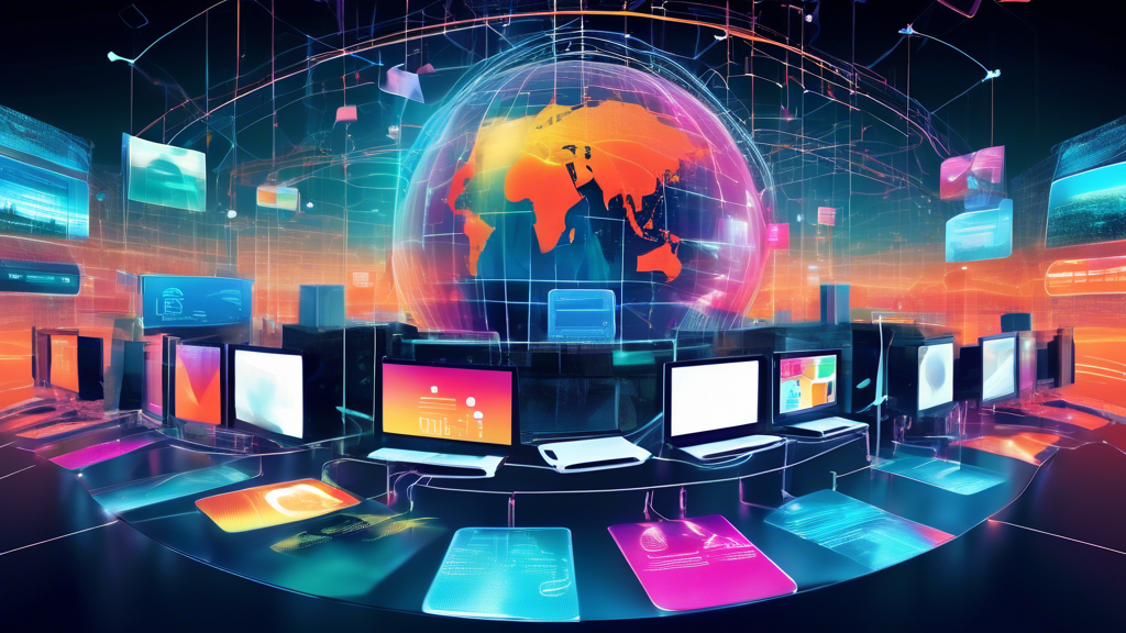 Create an image that features a futuristic, digital landscape filled with computer screens and mobile devices displaying a variety of popular websites dedicated to bypassing content restrictions. Each screen has a vibrant interface showing secure login options, privacy settings, and user-friendly dashboards. In the background, abstract lines symbolize the flow of data across global networks. The atmosphere should convey a sense of security, accessibility, and technological advancement, highlighting the ease of use and feature comparisons among these websites dedicated to accessing blocked sites.