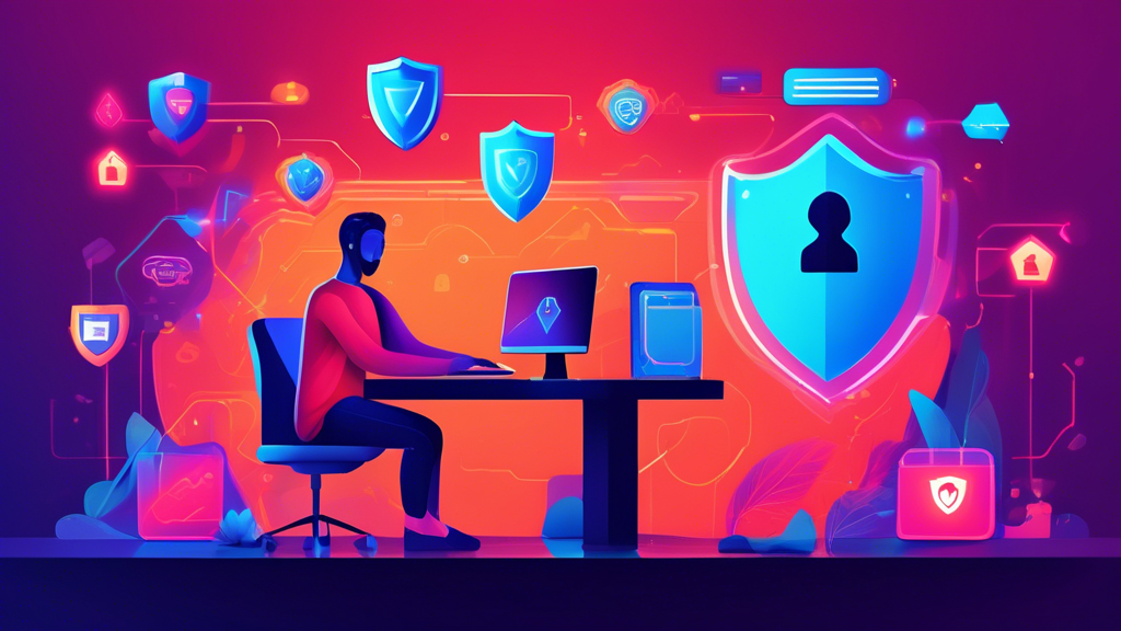 Create an image depicting a user sitting at a computer desk, surrounded by a virtual shield symbolizing privacy and data protection. The computer screen shows a vibrant, abstract digital interface filled with interconnected padlocks being unlocked. Include subtle visual elements like VPN symbols, legal documents, and a checklist titled Online Safety Best Practices. The background should be a modern, tech-savvy room hinting at a safe and secure browsing environment. The overall tone should convey security, safety, and the cautious exploration of accessing blocked websites.