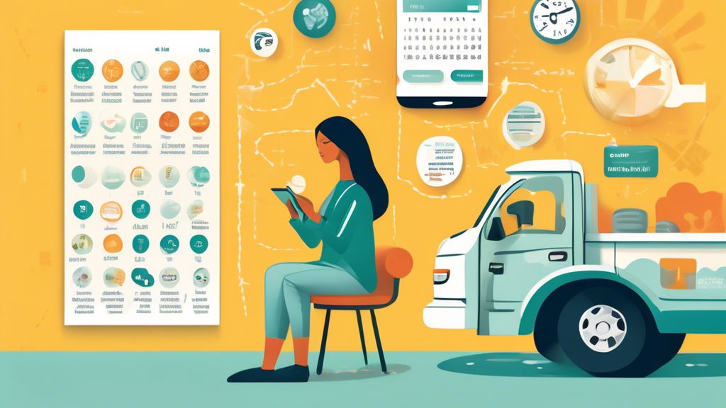 Create an illustration that depicts a thoughtful traveler or commercial driver using a smartphone or tablet to compare prices for DOT exams. The background should feature a collage of elements like clinic signs, insurance cards, and a calendar highlighting less busy days for scheduling appointments. Include visual cues that emphasize cost-saving strategies, such as coins or bills being saved in a jar, with a road map subtly woven into the design, symbolizing the journey towards affordable DOT exams. The overall mood should be informative and empowering, focusing on practical tips to minimize expenses.