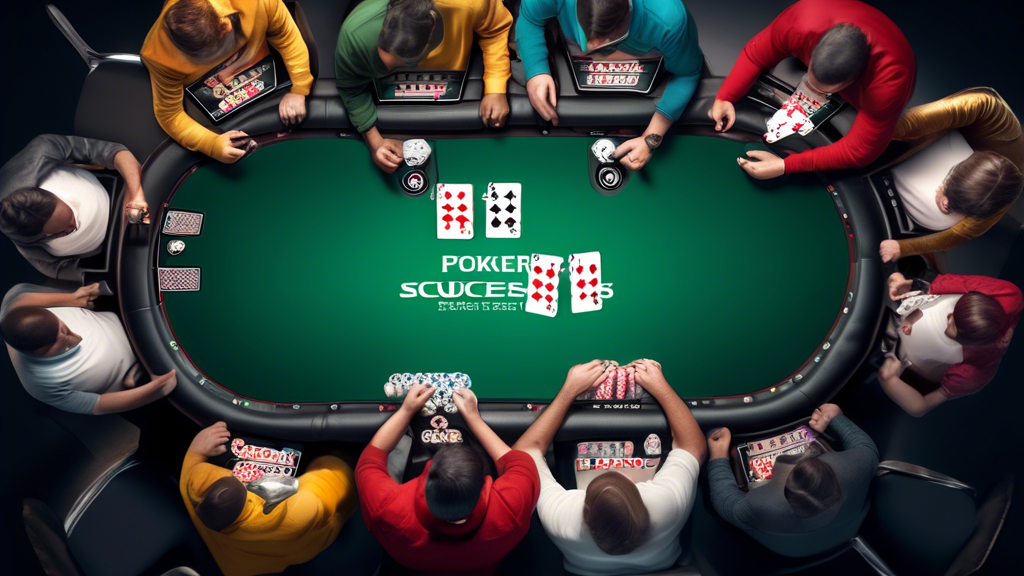 Create an image that illustrates essential tips for success in PokerStars real money games. The scene should depict a diverse group of players engaged around a vibrant poker table, intensely focused on their cards. Incorporate visual elements that represent key strategies: a hand chart showing starting hand selection, graphs demonstrating opponents’ play styles, and a digital interface of PokerStars displaying hand history and statistics. Include a subtle background that symbolizes the online poker environment. The overall atmosphere should convey tension, strategy, and excitement of real money poker.