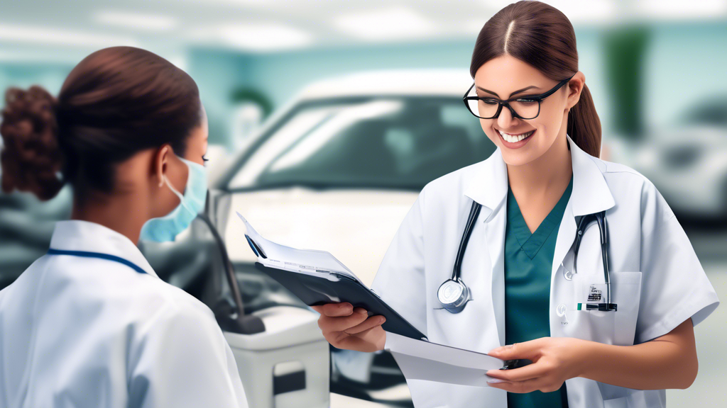 Create an image that depicts a driver preparing for a DOT medical examination at an urgent care center. Include elements such as a checklist of required documentation and medical history, a friendly healthcare professional explaining the examination process, and visual hints of common health checks like an eye chart and blood pressure monitor. The setting should be an inviting, modern urgent care facility with signage indicating DOT medical exam availability. Emphasize a reassuring and professional atmosphere that focuses on helping drivers meet DOT standards.