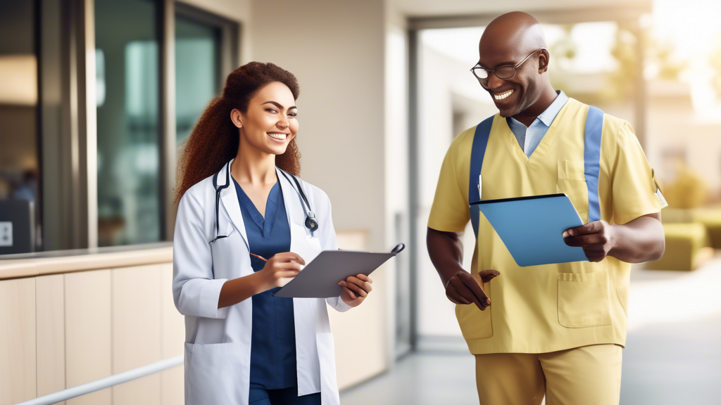 Create an image depicting a busy commercial driver, wearing casual attire, happily attending a DOT physical at a modern medical facility on a sunny weekend. The scene shows the driver engaging with a professional healthcare provider who is holding a clipboard with the DOT logo. The atmosphere inside the clinic is friendly and efficient, with minimal waiting time, emphasizing the convenience and flexibility of weekend appointments. The background should subtly show a calendar highlighting the weekend days, symbolizing reduced downtime and the ease of fitting the appointment into the driver’s schedule.
