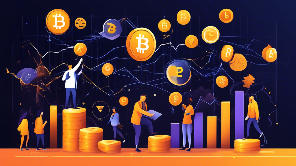 Create an illustrative image that encapsulates the concept of investing in cryptocurrency in 2022. Include visual elements such as an upward-trending graph symbolizing growth, various cryptocurrencies like Bitcoin and Ethereum represented as coins, and a diverse group of people engaging in discussions about investment strategies. Incorporate elements that depict market volatility, like lightning bolts or fluctuating lines, and a futuristic city skyline in the background to represent the evolving cryptocurrency landscape. The overall tone should convey optimism and strategic insight into the world of cryptocurrency investments.