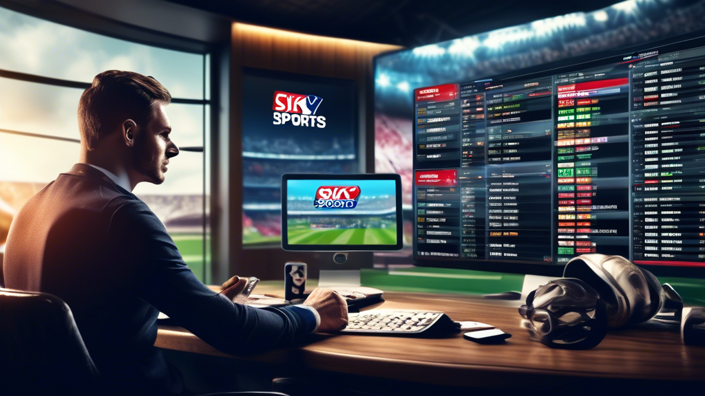 Create an engaging and visually striking image that represents winning strategies for Sky Sports Bets. Include elements like a sports analyst analyzing statistics on a screen, a calendar highlighting promotional offers, and a graphic of a budget tracker. Incorporate imagery of popular sports like football and horse racing in the background, along with symbols of money, such as stacks of cash or coins. The overall mood should be motivating and inspiring, encouraging viewers to make informed betting decisions.