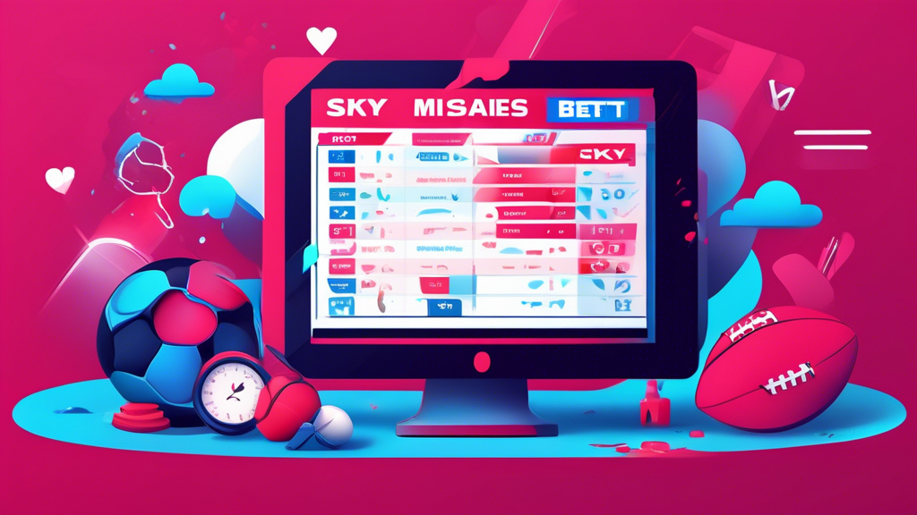 Create an informative illustration featuring a checklist of common mistakes to avoid when using Sky Sports Bets. Include visual elements such as a broken heart symbolizing emotional betting, a magnifying glass for researching teams and players, and a scale or calculator representing the understanding of odds. The background should have a digital betting interface with vibrant colors and elements related to sports, such as footballs, racing cars, and cricket bats, to emphasize the context of online sports betting. Make it engaging and visually appealing to attract both novice and experienced bettors.