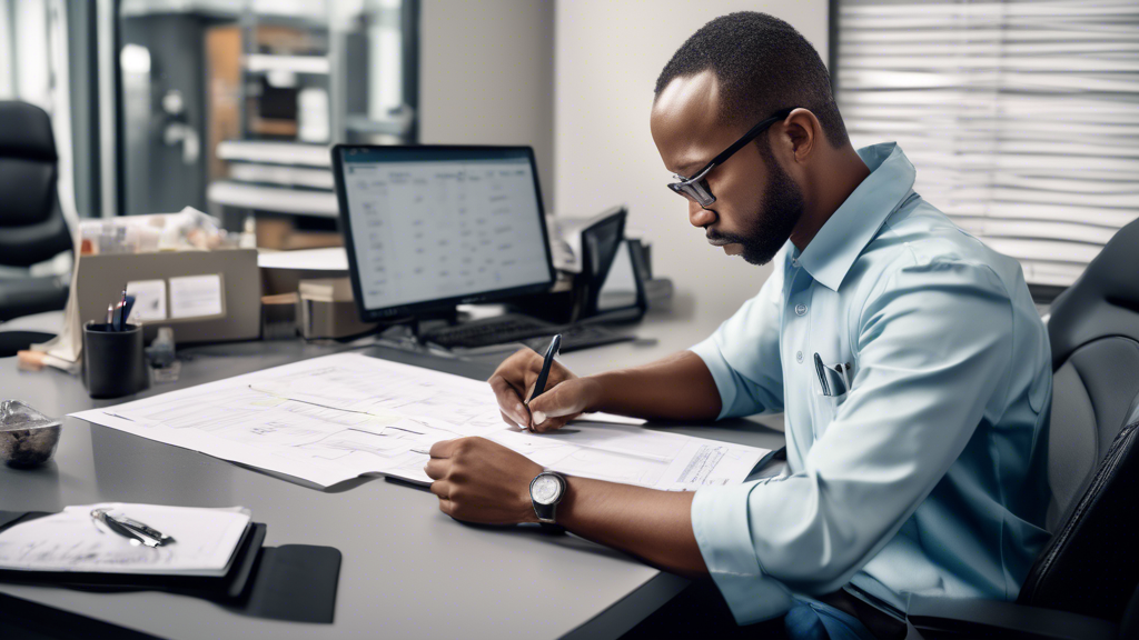 Create an image that illustrates a commercial driver preparing for an express DOT physical. The scene should capture a driver in a tidy and organized office or clinic waiting area, reviewing a checklist of essential tips. Include visual elements like a planner or notebook with a list titled Express DOT Physical Prep, showing items such as Documentation, Medical History, and Health Tips. Beside the driver, display a neatly arranged folder with visible documents peeking out, hinting at readiness. The atmosphere should be professional and modern, emphasizing efficiency and readiness for the upcoming examination.