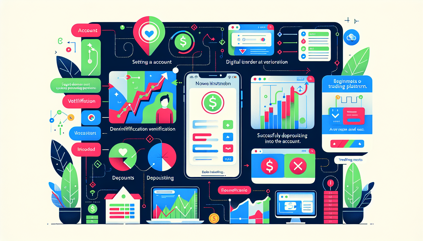 Create an illustration that visually represents the process of beginning trading on the Coinbase platform. The image should depict a step-by-step guide showcasing a user setting up a Coinbase account on their computer or smartphone, verifying their identity through secure measures, and successfully depositing funds into their account. Incorporate elements like digital ID verification, a user-friendly interface reflecting the Coinbase design, and icons or symbols representing different types of trades. Add visual tips and guidance, highlighting key features and trading tools, such as charts and live data, to illustrate an enhanced trading experience. Emphasize a clear and simplified process through modern, sleek design aesthetics.