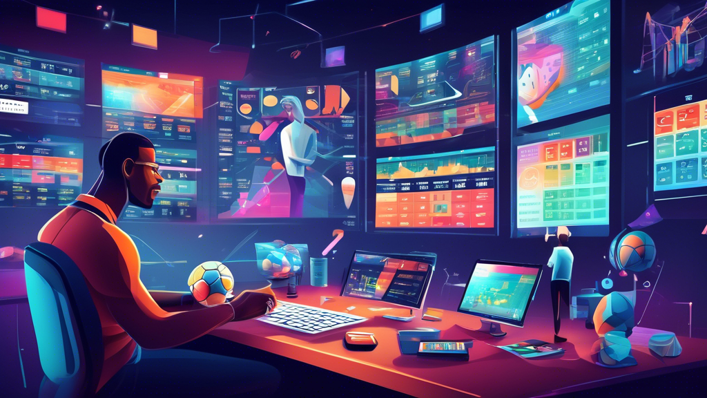 Create an imaginative and informative illustration that visually represents the concept of predicting outcomes in sports betting. The image should feature a well-organized workspace with a computer screen displaying various sports statistics and analytics tools, surrounded by colorful graphs and charts. Include elements of live betting, such as a digital clock and sports highlights streaming in the background. Show a group of diverse individuals engaged in discussion, sharing insights, and collaborating over a table filled with sports magazines and betting guides. The overall vibe should convey a sense of community and strategy, highlighting the importance of research and real-time data in maximizing winnings with Fanduel sports bets.