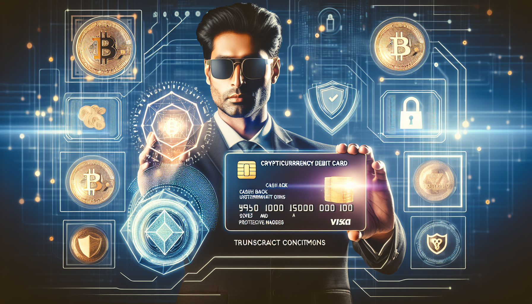 Create an image depicting a futuristic and sleek Coinbase debit card being used for a cryptocurrency transaction. Show a person holding the card, surrounded by digital symbols representing various cryptocurrencies like Bitcoin, Ethereum, and Litecoin. Illustrate a vibrant digital interface displaying instant transaction confirmations. Include visual elements symbolizing cashback and financial rewards, such as digital coins and icons representing savings. Add a layer of security imagery, like a shield or lock, to highlight the advanced protection measures. The setting should convey a sense of cutting-edge technology and financial innovation.