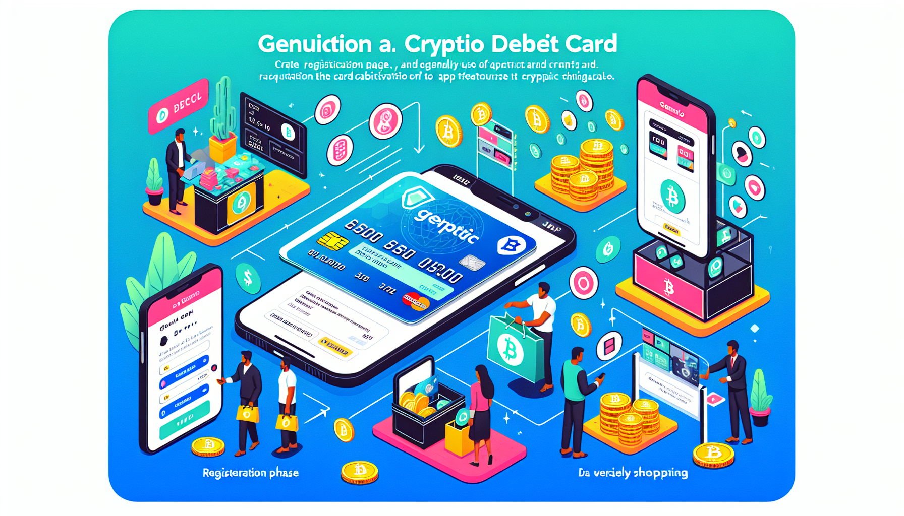 Create an image that visually represents a step-by-step guide to obtaining and using a Coinbase debit card for everyday transactions. Include elements like a smartphone displaying the Coinbase app interface, showing various features such as activating the card, budgeting tools, and transaction tracking. Illustrate the process starting from registration, card activation, to actual usage in daily shopping scenarios. Ensure to incorporate a modern and clean design, with a focus on convenience and user-friendliness of the card and app features.