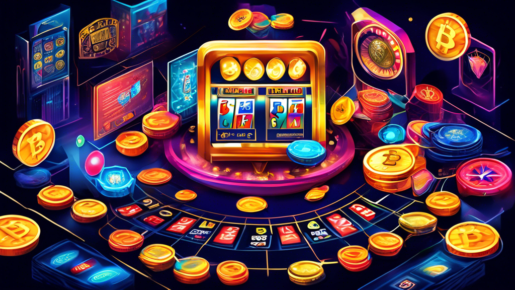 Create an eye-catching illustration featuring a vibrant collage of the top online crypto casino games of 2023. Include popular game types like colorful slot machines, classic table games such as blackjack and roulette, and immersive live dealer setups. The design should incorporate Bitcoin and other cryptocurrencies as part of the gaming experience, showcasing coins and digital currency symbols intertwined with the games. The overall atmosphere should convey excitement and innovation in the online gaming space, with a modern and dynamic feel to attract crypto enthusiasts.