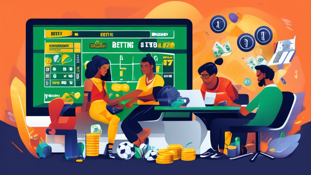 Create an informative and visually engaging illustration that represents effective betting strategies and responsible gambling practices on the online platform www Sportsbet. The image should depict a diverse group of individuals analyzing betting odds on a computer screen, surrounded by relevant betting materials like charts, graphs, and sports gear. Include elements that symbolize bankroll management, such as a stack of coins, a budget planner, and calculators. The overall atmosphere should convey a sense of focus, strategy, and responsible enjoyment in the realm of online sports betting.