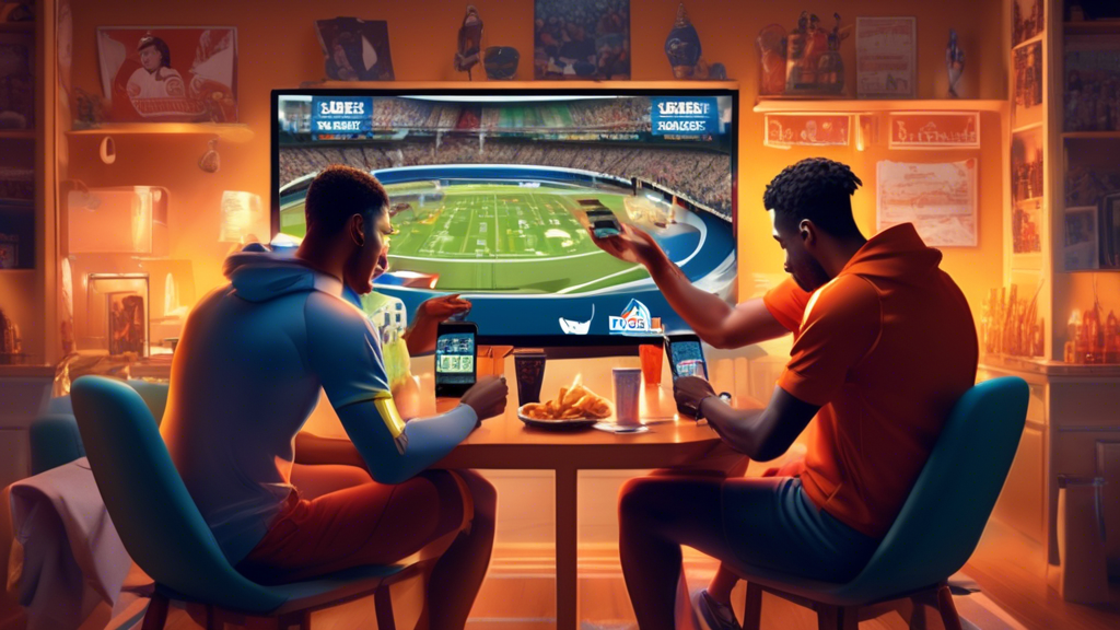 **DALL-E Prompt:** Create a split-image illustration contrasting online and in-person sports betting experiences. On one side, depict a person comfortably using a smartphone or laptop to place bets at home, surrounded by snacks and drinks. On the other side, show a vibrant sports betting venue with people cheering, screens displaying live games, and a betting counter. Include elements like odds displayed on the screens and a diverse crowd enjoying the excitement. The overall atmosphere should convey the thrill of sports betting, blending both the convenience of online platforms and the social experience of in-person betting.