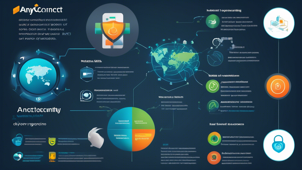 Create an infographic that visually illustrates the key features of AnyConnect, highlighting its functionalities and benefits for online security. Include comparison charts with other VPN solutions, emphasizing the unique advantages of AnyConnect. Use a modern, tech-inspired design with a color palette that conveys trust and security, integrating icons representing features like encryption, user-friendly interface, and multi-device compatibility.