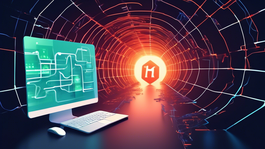 Create an image illustrating the concept of using 12345 Free Web Proxy VPN solutions. The image should feature a virtual tunnel formed by interconnected numbers 12345, symbolizing secure data transmission through the internet. On one side of the tunnel, depict a computer screen displaying unlocked content and web pages, representing access to restricted content. On the other side, show various padlocks and shields with symbols of privacy and security. Include a subtle backdrop of digital networks and world map outlines, emphasizing global connectivity. Add visual cues for potential risks, such as small warning signs along the tunnel, to balance the portrayal of benefits with caution.