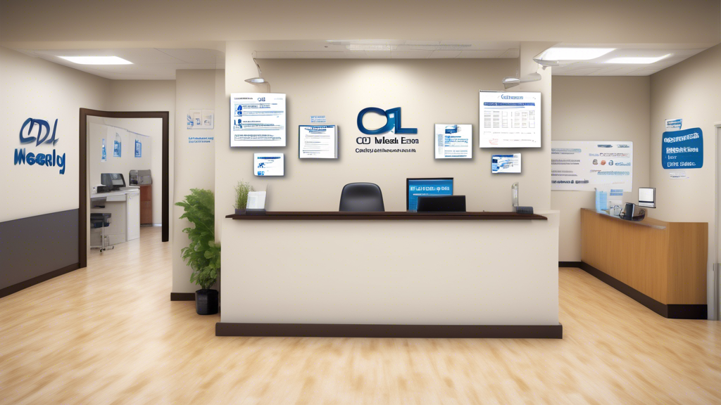 Create an image of a friendly medical clinic reception area with a digital sign above the desk displaying the phrase CDL Medical Exam Locations Near Me - Choose Wisely! The reception area should be welcoming, featuring signs or certificates on the walls that indicate DOT certification. Include a diverse group of people waiting comfortably, some reviewing informational brochures about CDL medical exams. The image should convey a sense of convenience, professionalism, and accessibility, emphasizing the importance of selecting the right exam location.