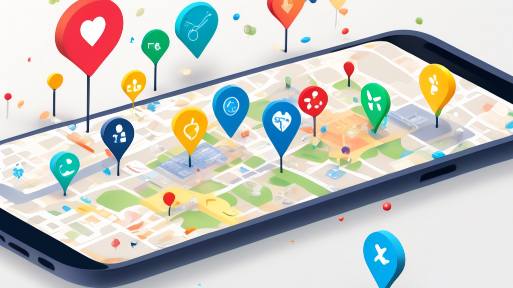 Create an image that visually represents a digital map on a smartphone screen, with colorful pins indicating various healthcare providers offering affordable DOT physical exams in a local area. The digital map should be surrounded by icons representing online resources, directories, and mobile apps, symbolizing the modern tools available for finding cost-effective services. Include elements like price tags and customer review stars to emphasize price comparison and review checking. The overall tone should convey convenience and accessibility in the search for affordable healthcare solutions.