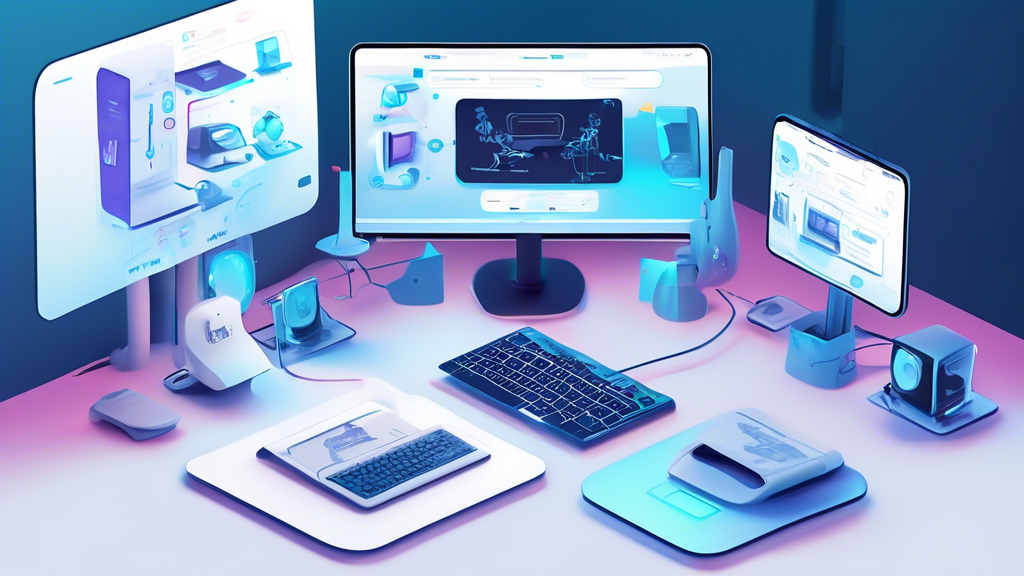 Create a digital illustration showcasing a futuristic, minimalist desk setup with multiple devices, each displaying a step-by-step guide for installing and configuring KeepSolid Smart DNS Lifetime. Include a laptop, tablet, smartphone, and a smart TV, all showing different stages of the installation process. A friendly tech support character should be visible in the background holding a sign that reads Troubleshooting Tips. The overall atmosphere should be bright and modern, emphasizing ease of use and innovation. Include subtle iconography related to DNS and connectivity to reinforce the theme. Keywords to inspire: installation, configuration, guide, troubleshooting, multi-device synergy.