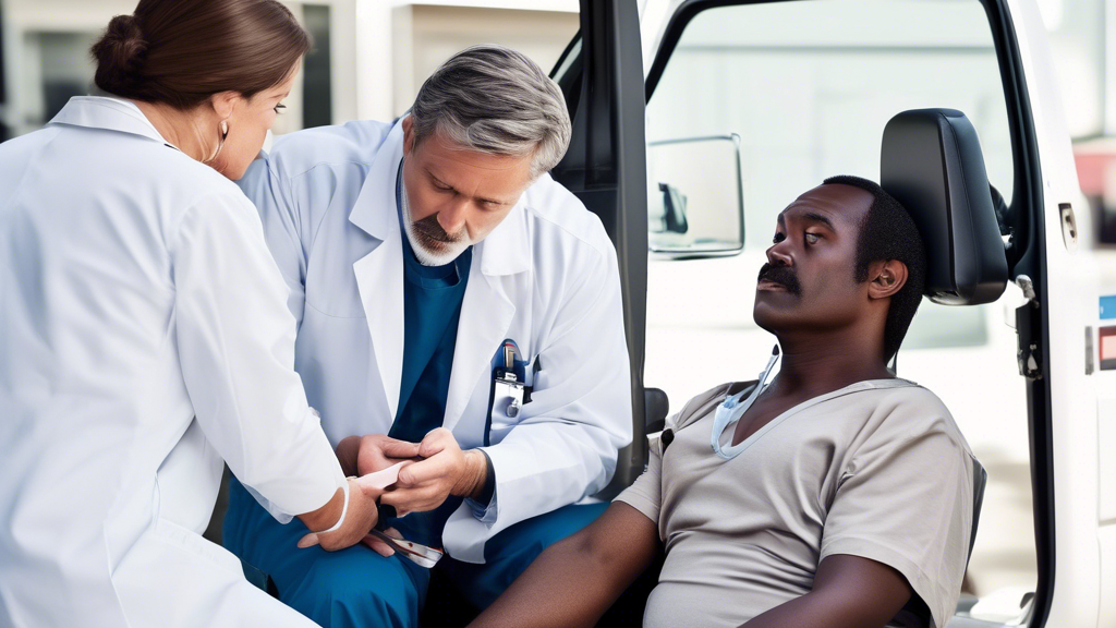 Create an image that depicts the experience of undergoing a Commercial Driver License (CDL) medical exam. The scene is set in a well-lit, professional clinic, with a medical examiner dressed in a white coat conducting health checks on a middle-aged truck driver. The driver is seated, looking calm and attentive as the examiner checks his blood pressure. Around them, there are medical charts, a stethoscope, and an eye chart on the wall, symbolizing various elements of the exam. In the background, include subtle signage indicating possible next steps like Certification Process and Exemption Guidance, suggesting what follows after the exam. The atmosphere is informative and reassuring, highlighting the process as a necessary step for maintaining a commercial driving career.