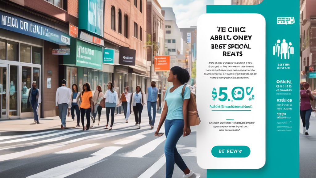 Create an image that captures a busy city street lined with various medical clinics, highlighting their signs offering Affordable DOT Medical Exams. The scene should include diverse people walking by, some looking at their smartphones as if using apps to find the best deals. A few clinics have banners advertising Special Discounts & Promotions to emphasize budget-friendly options. Visual elements like price tags or online review symbols should subtly convey the idea of comparing prices and reading reviews. The setting should feel approachable and local, emphasizing the concept of finding a cheap DOT medical exam near me.
