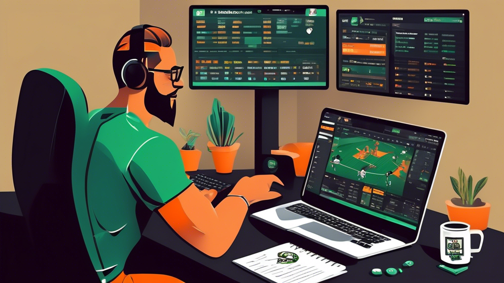 Create an illustration that visually represents strategies for maximizing success with DraftKings sports bets. The scene should include:

1. A sports analyst at a desk covered with charts and statistics, analyzing data from various sports teams and players on a computer screen.
2. An open notebook with notes on bankroll management, featuring a pie chart to represent budget limits and betting strategies.
3. A smartphone displaying the DraftKings app illustrating promotions and bonuses.
4. A whiteboard in the background with key sports terms and analysis strategies written on it.

The environment should convey a focused and strategic atmosphere, emphasizing research and data analysis in sports betting. The overall vibe must resonate with the excitement and analytical nature of betting on the DraftKings platform.