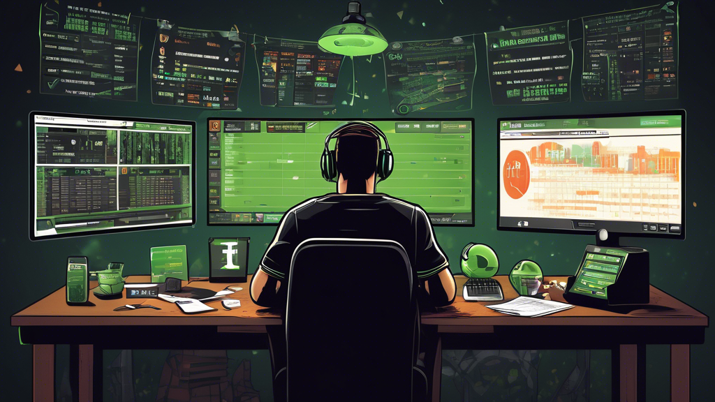 Create an informative and engaging illustration that represents common pitfalls to avoid in DraftKings sports betting. The image should depict a bettor at a desk surrounded by statistics and data, highlighting the importance of making data-driven decisions rather than emotional ones. Include visual elements that symbolize biases, such as a pair of blinders or a distorted view of a game. Show diverse betting options, suggesting a spread of wagers, like multiple tickets or bets across different sports. Integrate a thought bubble above the bettor