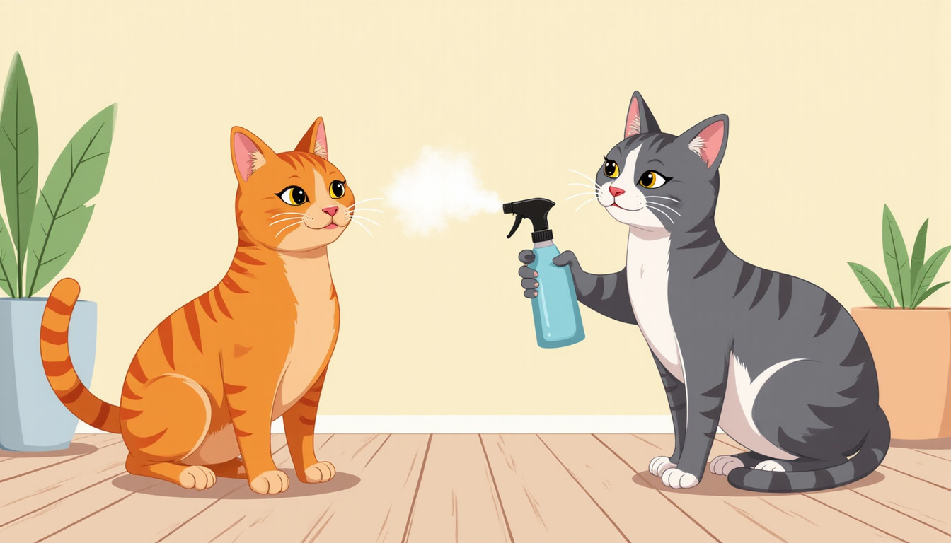 cat owner training pet to stop spraying indoors, calm cat with spray deterrent 