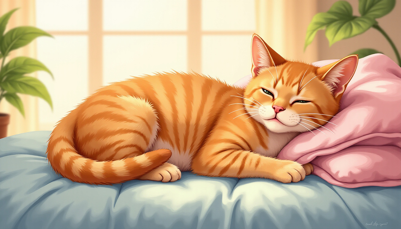 Calm orange tabby cat lounging peacefully with soft blankets, warm sunlight 