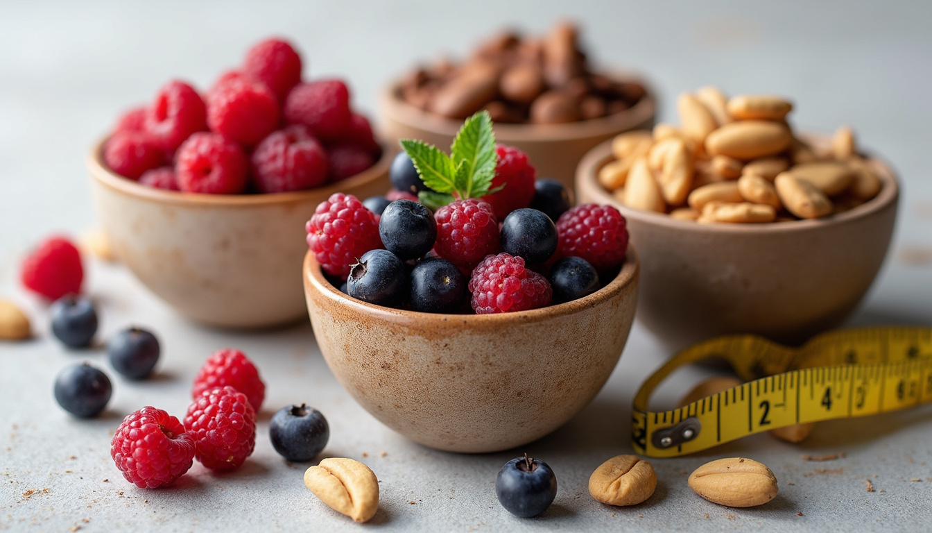 fresh berries and nuts in rustic bowls with measuring tape nearby