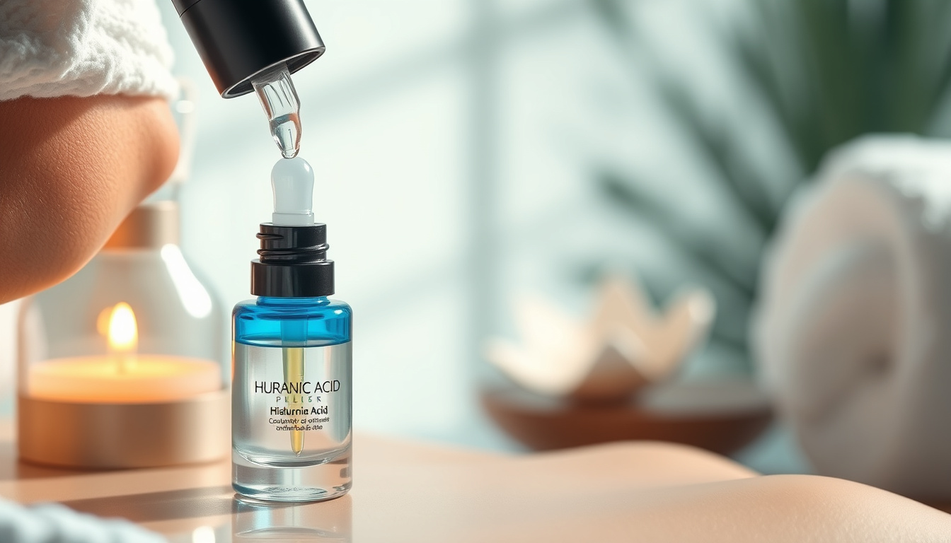  serene spa scene, hyaluronic acid serum, smooth youthful skin close-up, natural wellness ambiance